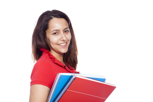 Happy female student carrying notebooks - isolated over a white — Stock Photo, Image