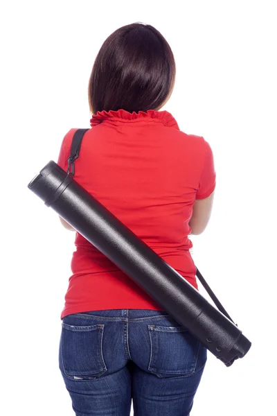 Studentessa con un tubo telescopico dalla schiena - isolata sopra — Foto Stock