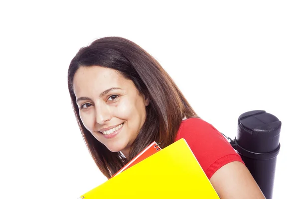 Gelukkig het vrouwelijke platform student uitvoering-laptops - geïsoleerd — Stockfoto