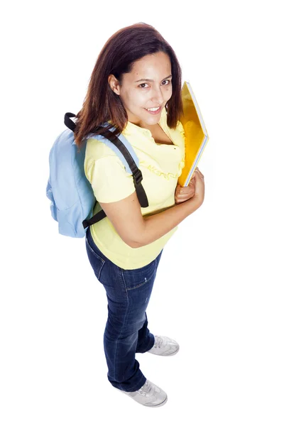 Smiling female student carrying notebooks - isolated over a whit — Stock Photo, Image