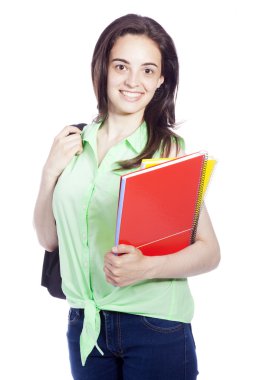 gülümseyen kız öğrenci üzerinde beyaz izole Notebook taşıma