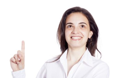 gülümseyen kadın parmağını üzerinde beyaz izole - yukarı dönük