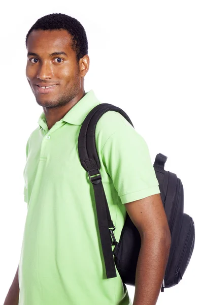 Studente afroamericano sorridente isolato su un dorso bianco — Foto Stock