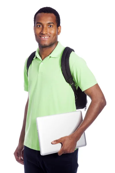 Amerikansk student håller en laptop - isolerade över ett dugg — Stockfoto