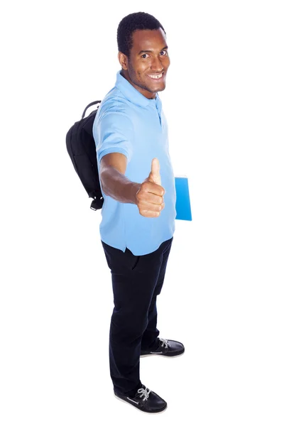 African American student thumbs up - isolated over a white backg — Stock Photo, Image