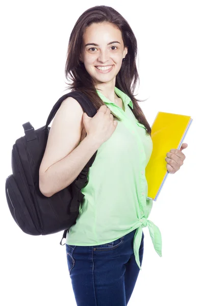 Glücklich lächelnde Studentin, die in die Kamera blickt, isoliert auf der Seite — Stockfoto