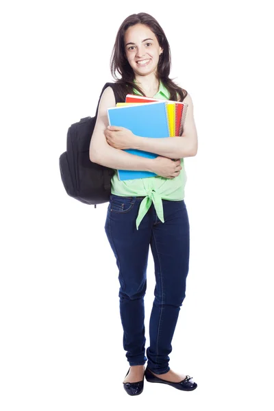 Full lenght portrait of a female student carring notebooks and b — Stock Photo, Image
