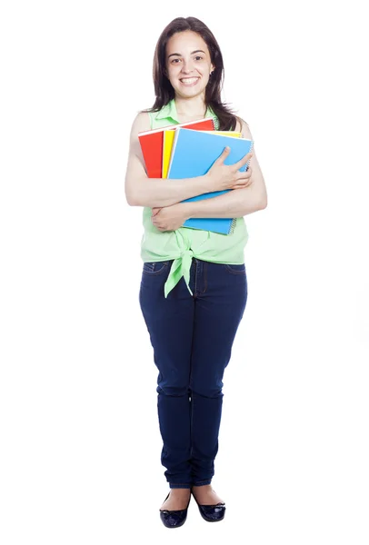 Ganzkörperporträt einer Studentin, die Notizbücher und Bac trägt — Stockfoto