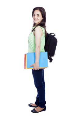 yan görünüm bir erkek öğrenci yakaladığında notebook ve backpak