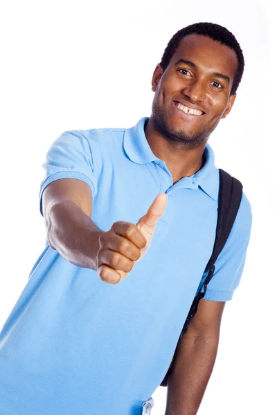 Estudante sorrindo polegares para cima - isolado sobre um fundo branco — Fotografia de Stock