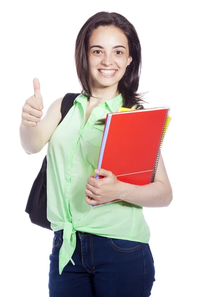 Glücklich lächelnde Studentin streckt Daumen hoch — Stockfoto