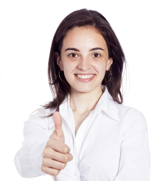 Gelukkige vrouw geven duimen omhoog - geïsoleerd op een witte achtergrond — Stockfoto