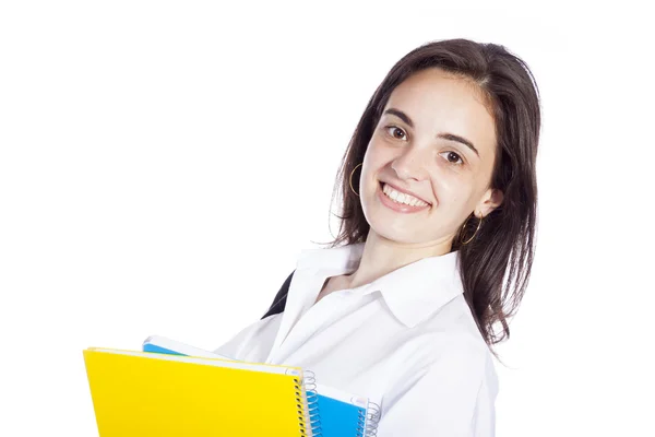 Närbild porträtt av en leende kvinnlig student som transporterar bärbara datorer — Stockfoto