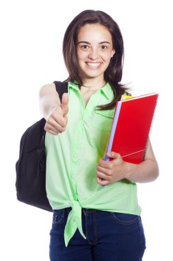 başparmak gösterilen mutlu Bayan üniversite öğrencisi