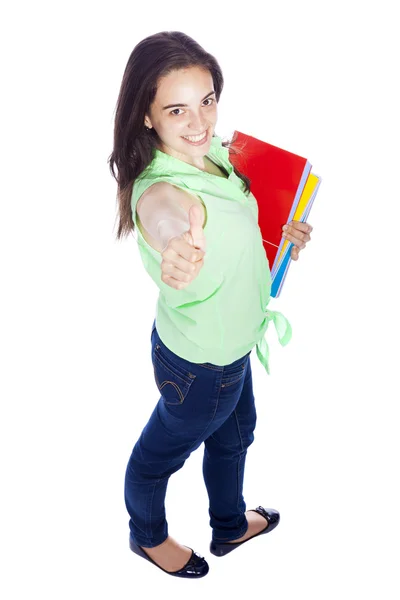 Full body portrait of female student giving thumbs up — Stock Photo, Image