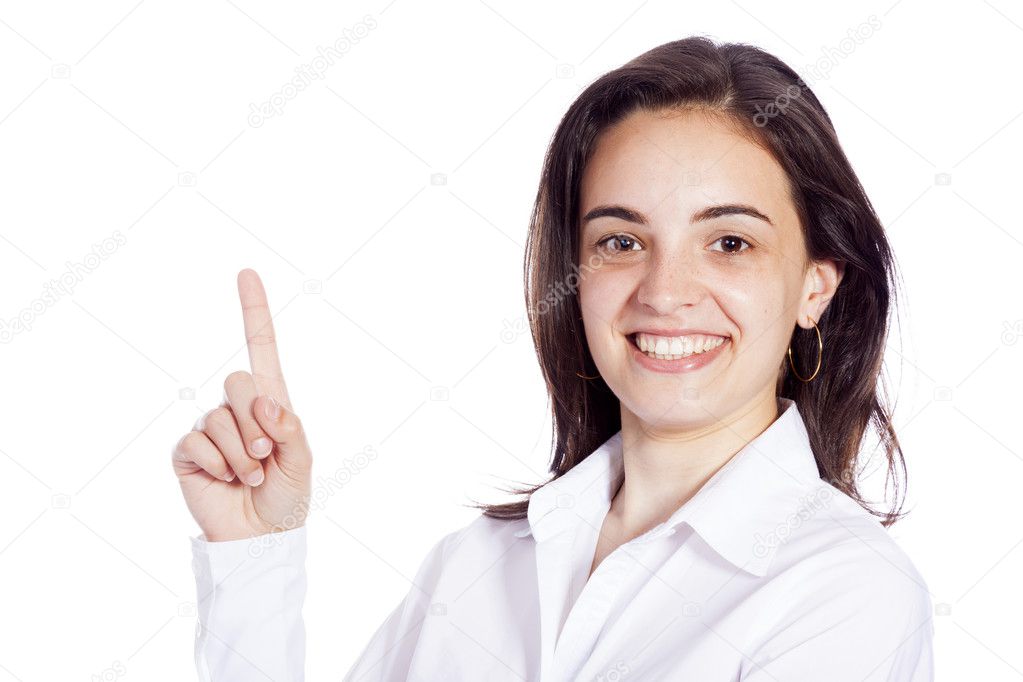 Happy smiling woman pointing up with her finger