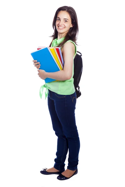 Retrato de corpo inteiro de uma estudante carring cadernos e bac — Fotografia de Stock