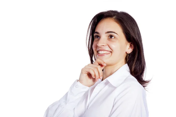 Thoughtful businesswoman thinking - isolated over a white backgr — Stock Photo, Image