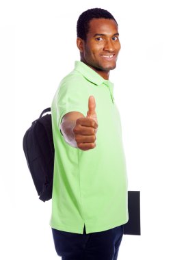 Beyaz bir arka plan üzerinde öğrenci thumbs up - gülümseyen izole