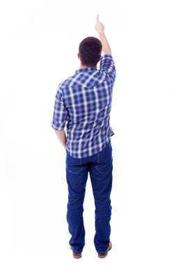 Arkadan Görünüm, işaret eden gencin beyaz backgrou izole