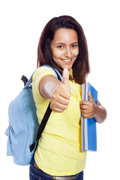 Feliz sonrisa femenina estudiante pulgares hacia arriba, aislado en blanco backgr — Foto de Stock