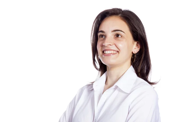 Retrato de uma mulher sonhadora, isolada sobre fundo branco — Fotografia de Stock