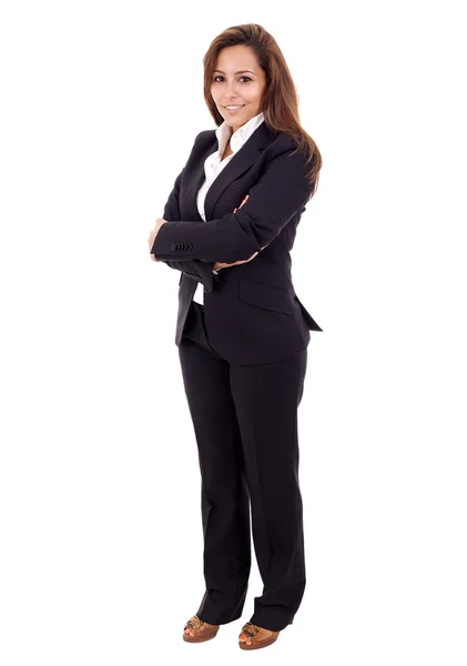 Smiling business woman with arms crossed, isolated over white — Stock Photo, Image