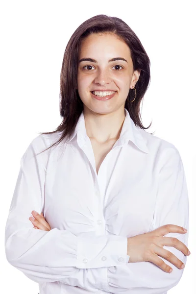 Retrato de uma jovem mulher de negócios bem sucedida sorrindo, isolada — Fotografia de Stock