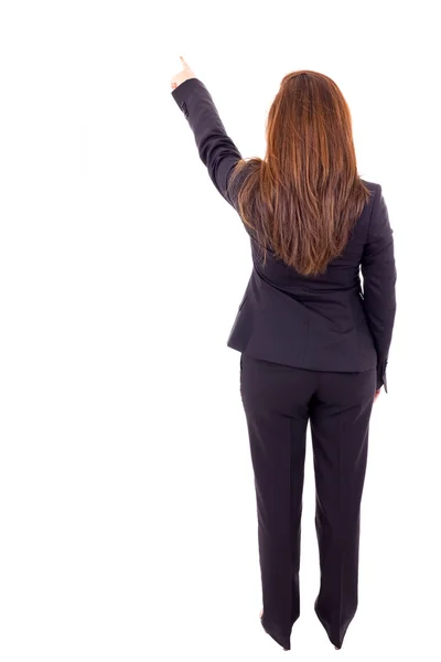 Donna d'affari punta il dito contro qualcosa, isolato su bianco b — Foto Stock