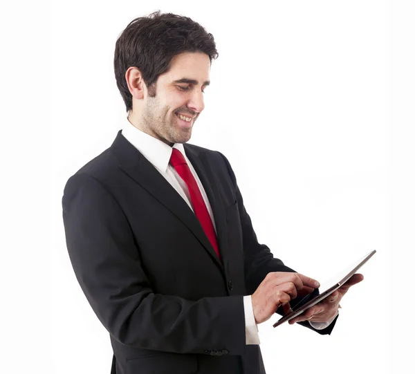 Handsome smiling businessman with tablet computer. — Stock Photo, Image