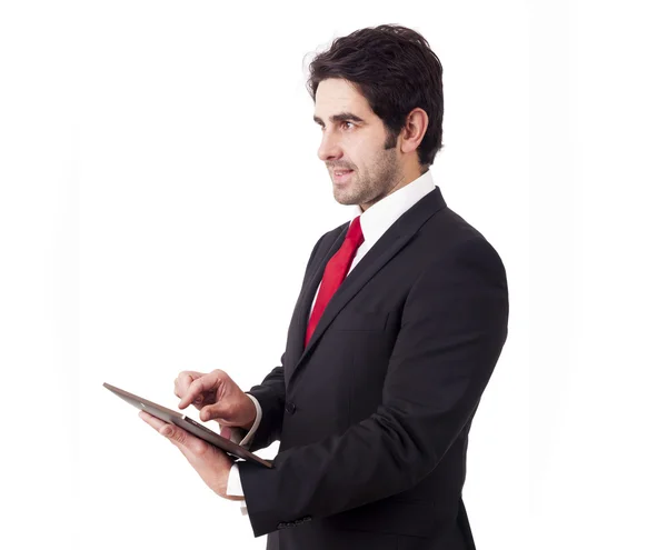 Bonito homem de negócios sorridente com tablet computador — Fotografia de Stock