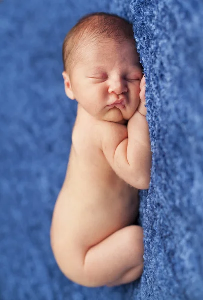 Menino recém-nascido dormindo em um cobertor azul — Fotografia de Stock