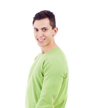 yakışıklı adam ayakta beyaz bir arka plan üzerinde gülümseyen