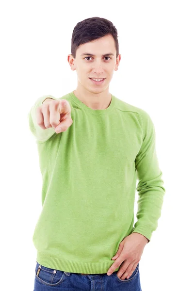 Selbstbewusst lächelnder Mann, der in die Kamera zeigt, isoliert über einer wh — Stockfoto