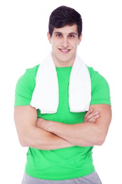 havlu üzerinde beyaz bir bac izole, atletik bir adam portresi