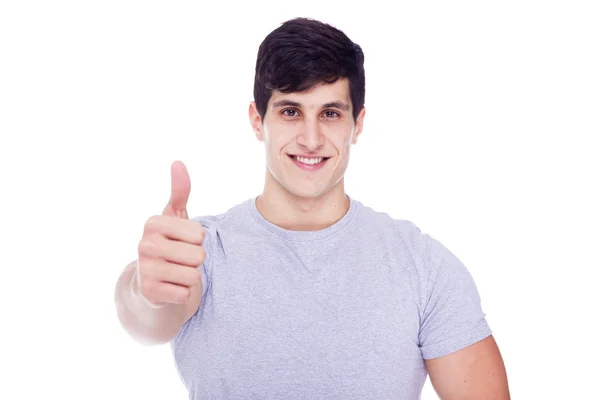 Hombre latino guapo pulgares hacia arriba sobre un fondo blanco —  Fotos de Stock