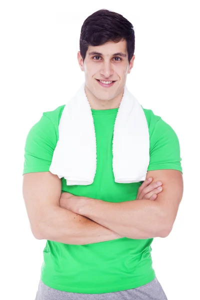 Retrato de un atleta con toalla, aislado sobre un bac blanco — Foto de Stock