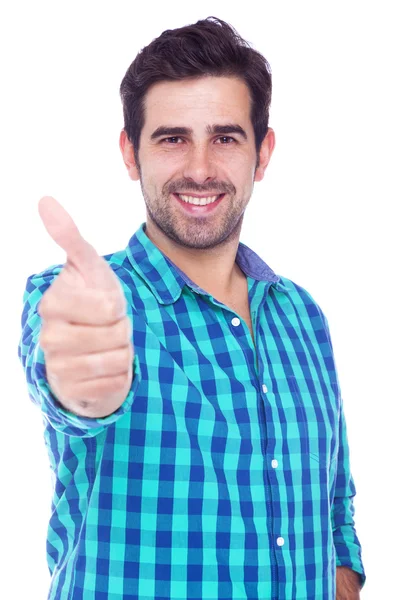 Hombre latino guapo pulgares hacia arriba sobre un fondo blanco — Foto de Stock