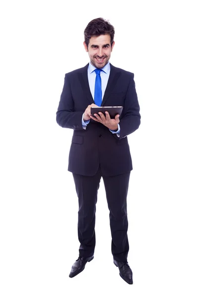 Bonito homem de negócios latino com computador tablet, isolado em um — Fotografia de Stock