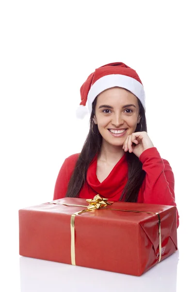 Santa girl with gift isolated on a white background — Stock Photo, Image