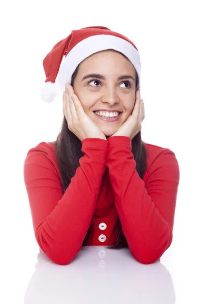 Dreaming Santa girl isolated on a white background — Stock Photo, Image