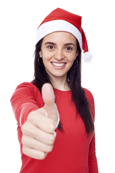 Santa girl with thumbs up, isolated on white — Stock Photo, Image