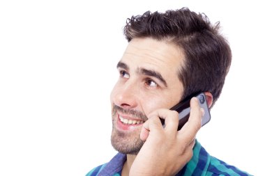 latin yakışıklı beyaz bir ba izole cep telefonuyla konuşuyor