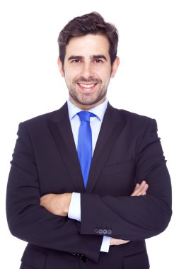 beyaz b izole bir gülümseyen yakışıklı iş adamı portresi