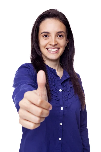 Щаслива усміхнена жінка з великими пальцями вгору жестом, ізольована на білому ба — стокове фото