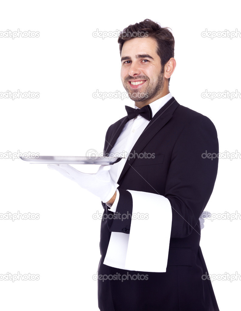 Professional waiter holding an empty dish, isolated on white bac