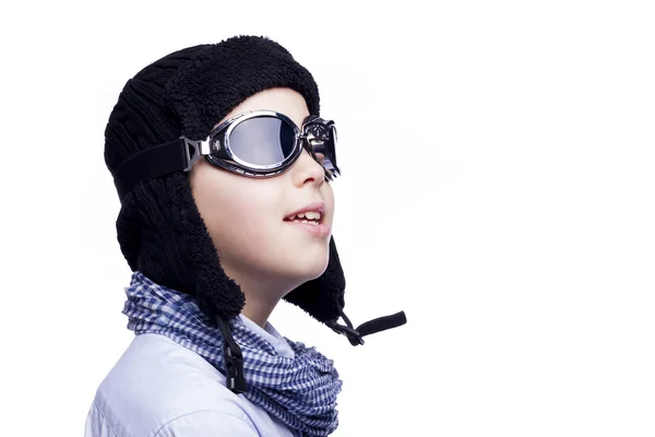 Day dreaming pilot kid, isolated on a white background — Stock Photo, Image
