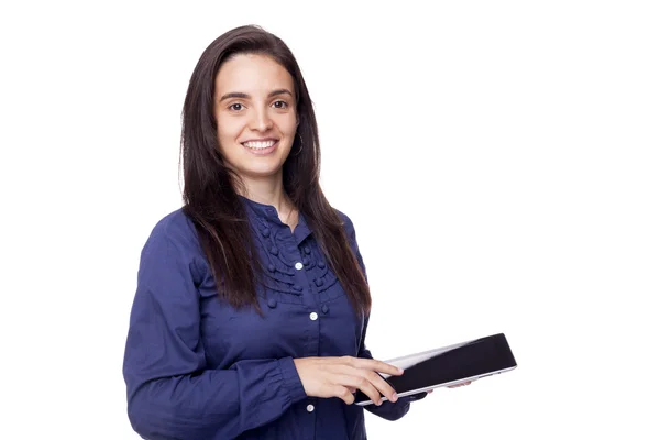 Lächelnde Frau mit Tablet-Computer auf weißem Hintergrund — Stockfoto
