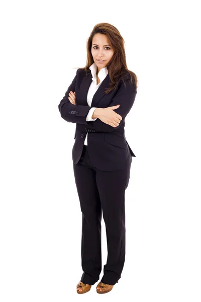 Jovem empresária retrato comprimento total no fundo branco — Fotografia de Stock