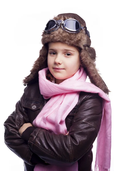 Retrato de uma criança piloto, isolada sobre um fundo branco — Fotografia de Stock